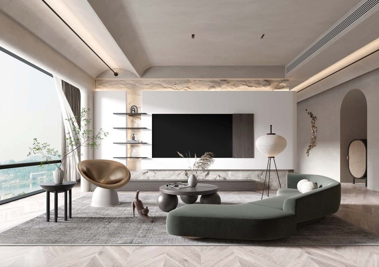 Aequilibrium Lux: a pale living room with an arched niche, curved green sofa and sculptural lighting.
