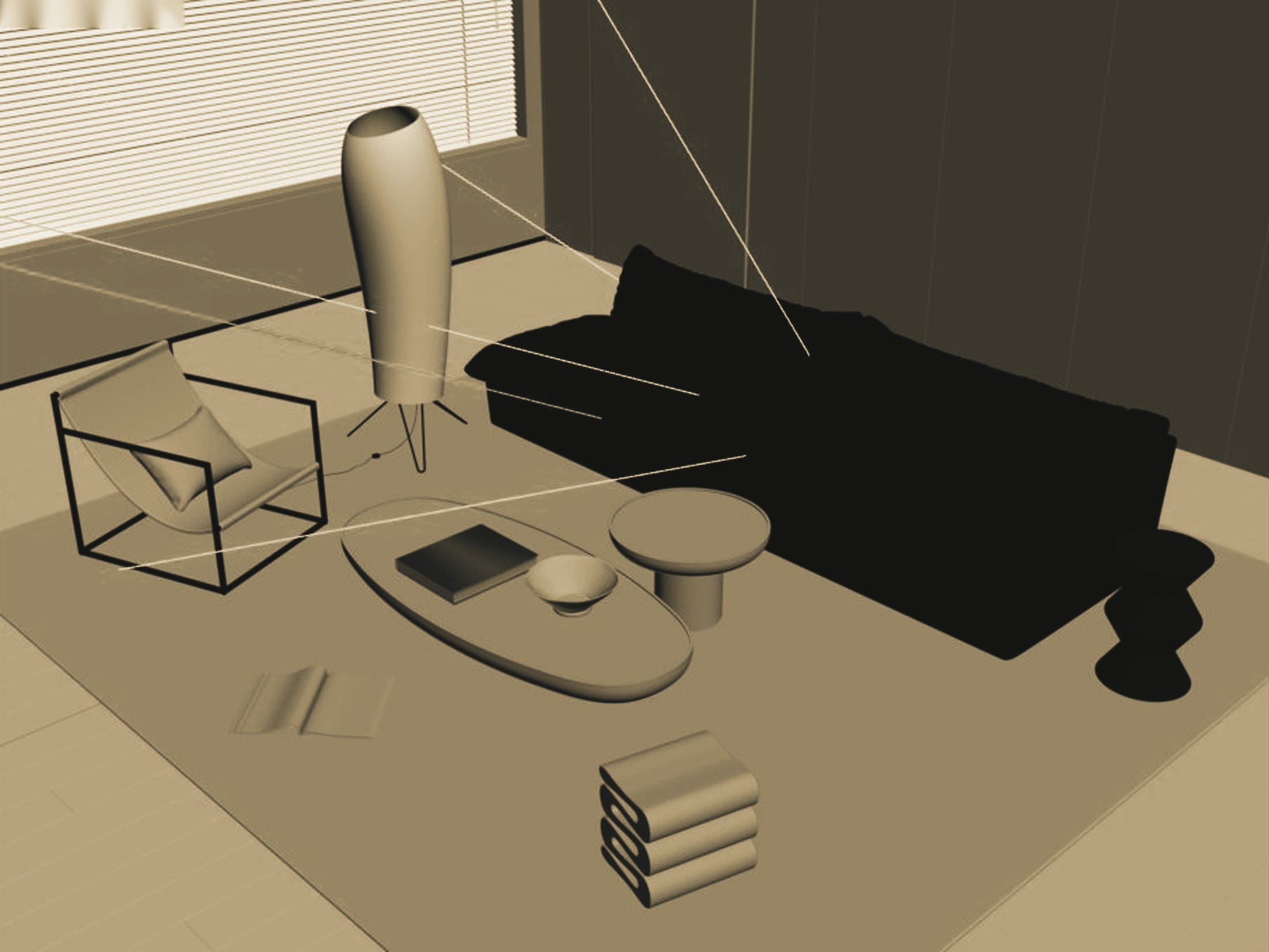 Aeris Lumina in the 3ds Max viewport: untextured clay geometry with light guides, from the render camera.