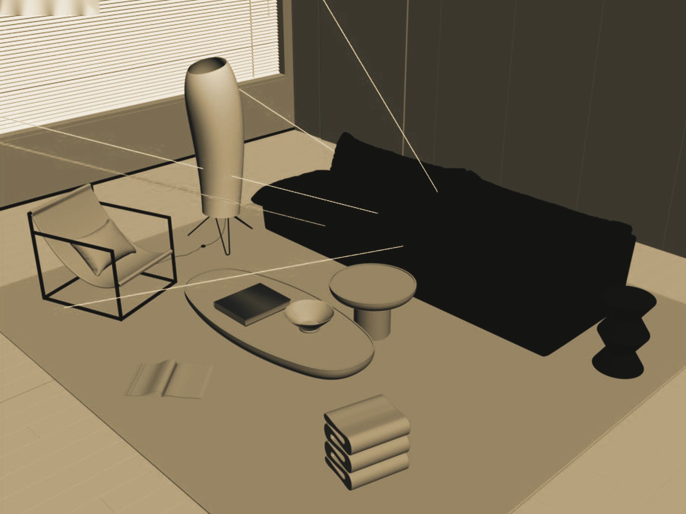 Aeris Lumina in the 3ds Max viewport: untextured clay geometry with light guides, from the render camera.