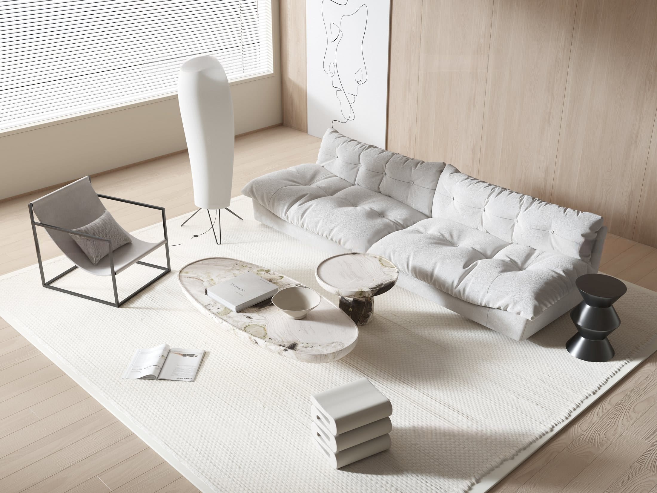 Aeris Lumina: a calm living room with a cloud-like tufted sofa, sculptural floor lamp and marble tables on a woven rug.