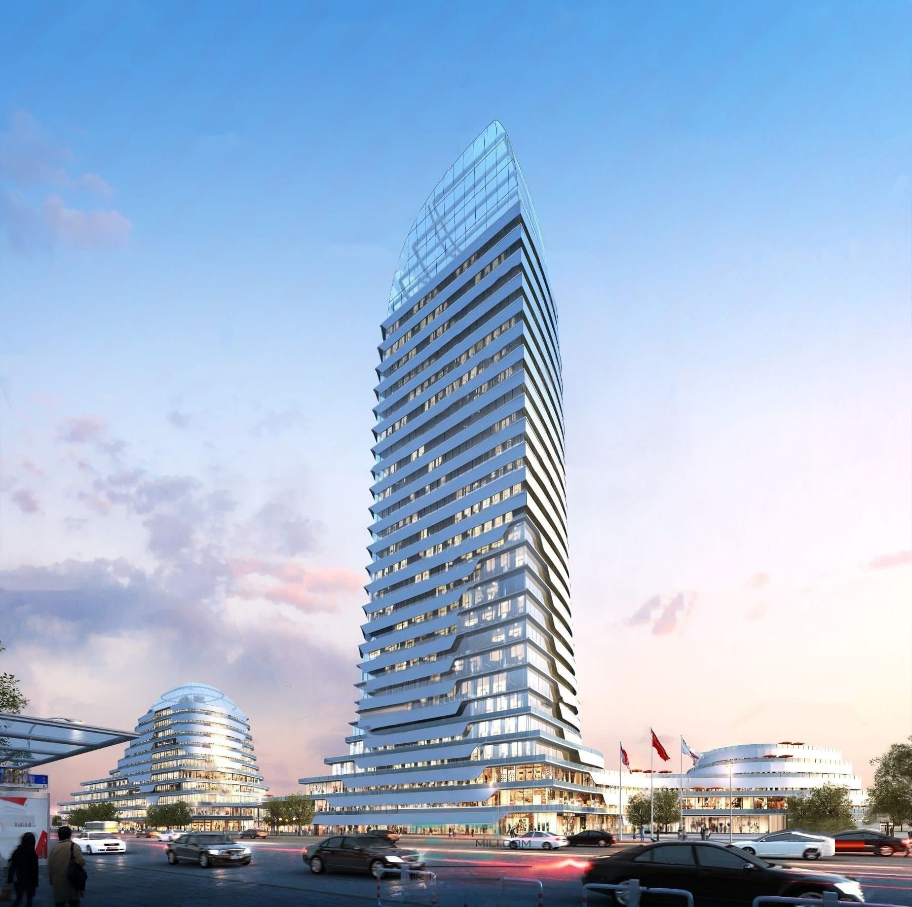 Aetherium Spire: a slender twisting residential tower with stacked glass terraces against a pale sky.