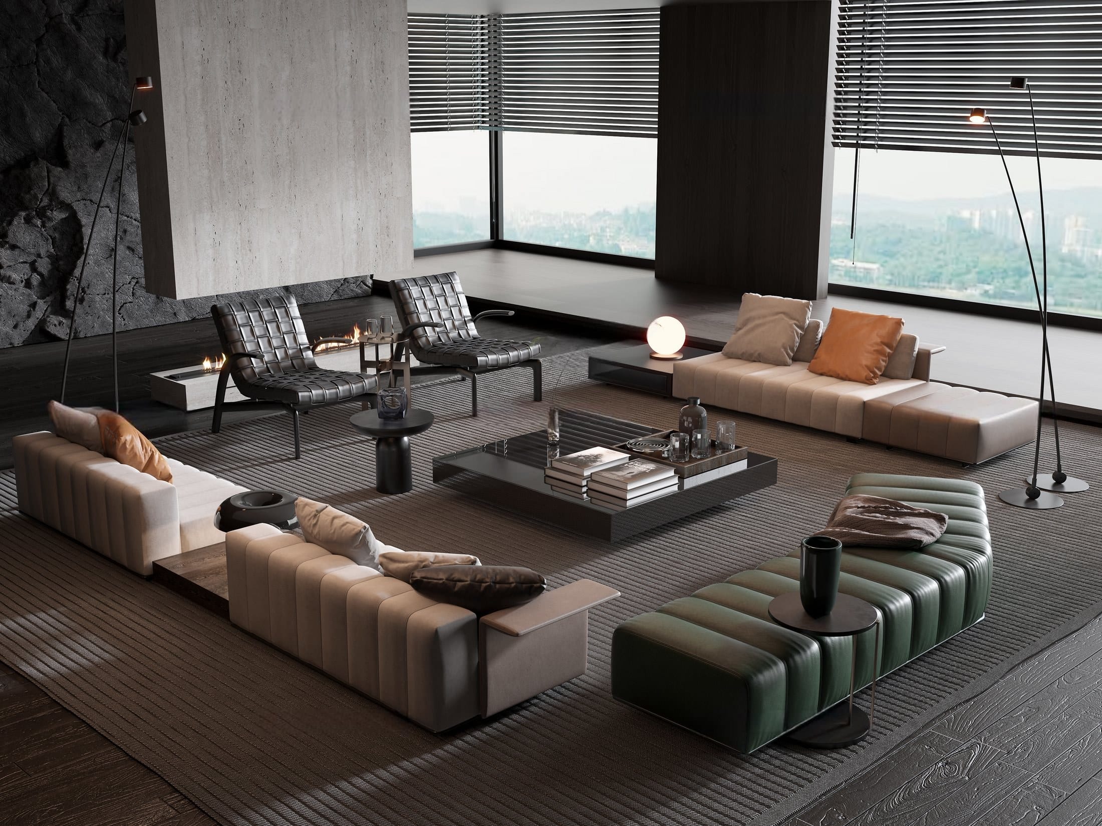 Altis Somnus: a dark living space with travertine fireplace wall, low modular sofas and city views.