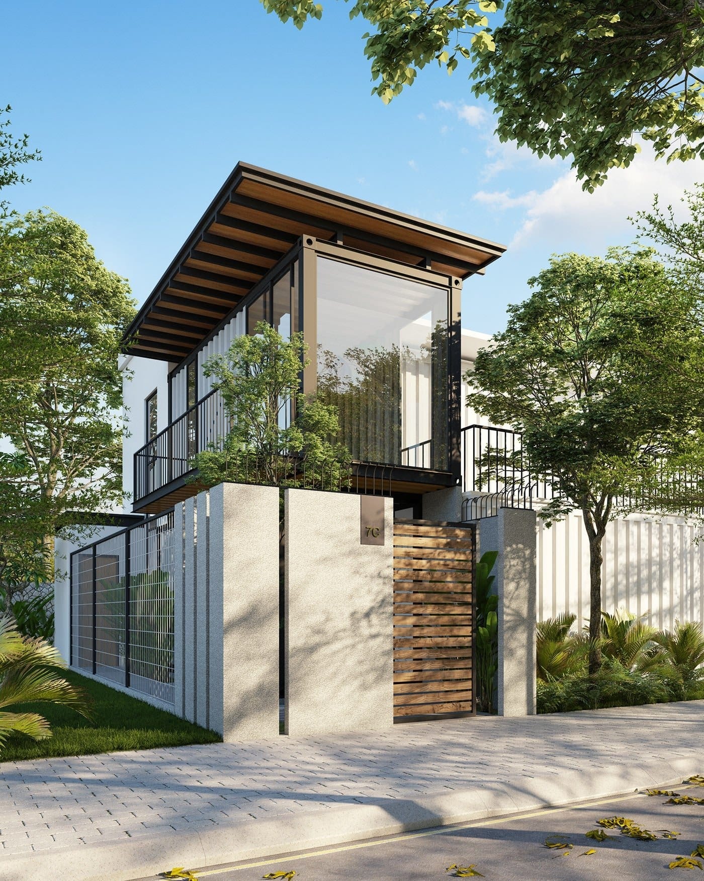 Aurea Haven: a compact two-storey home in timber, concrete and glass beneath a light roof plane.