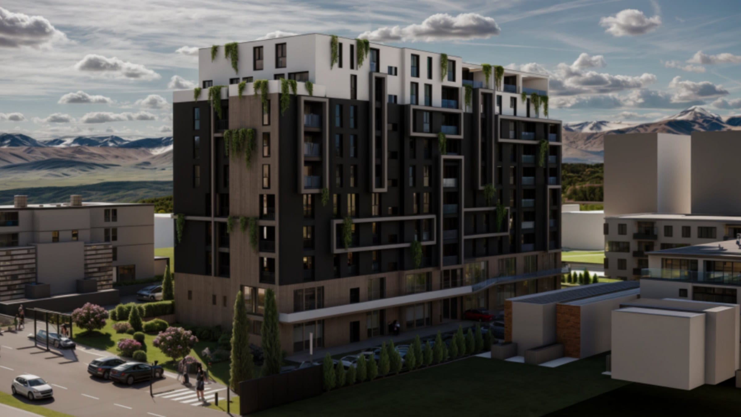 Elysium Series 1 seen from the street corner, with stepped façades, landscaped terraces and a mountain backdrop.