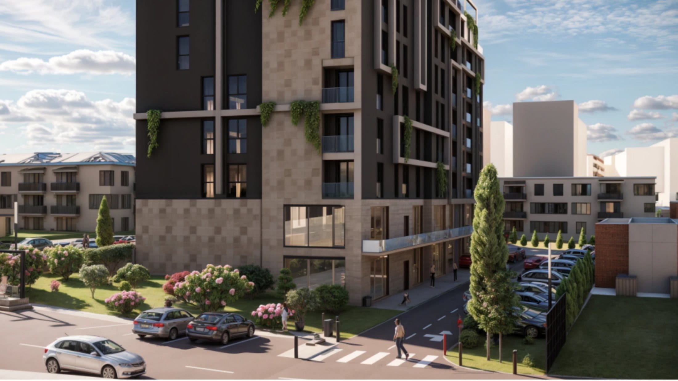 Elysium Series 1 from the access road, showing the residential tower beside lower apartment blocks.