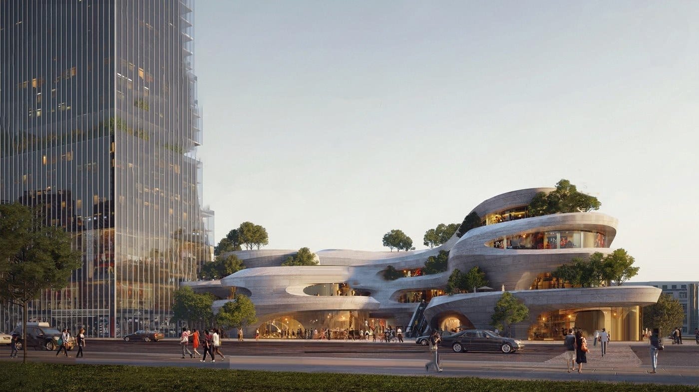 EvoForm Nexus: undulating white terraces with planting cascading over a mixed-use base.