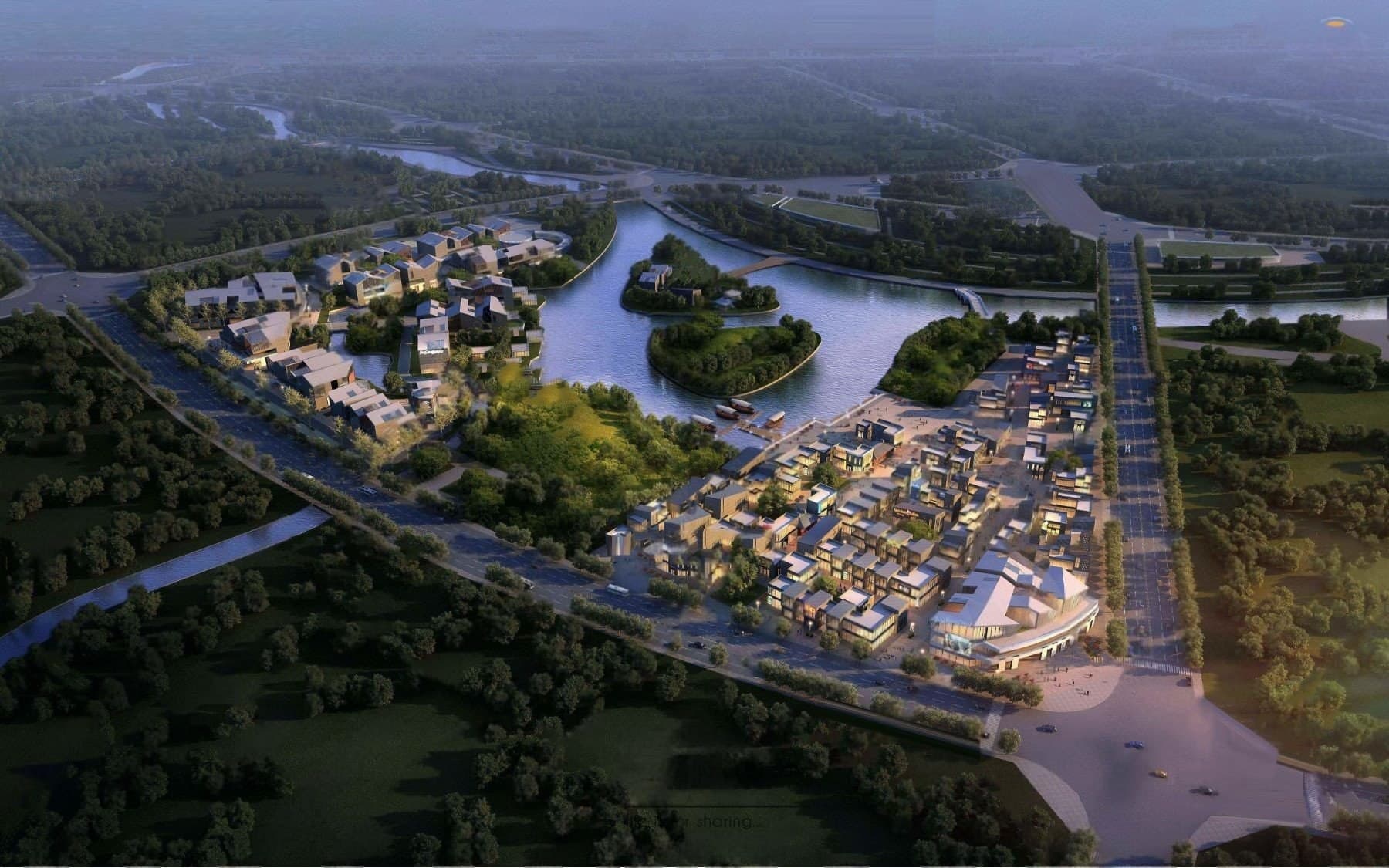 Fluvialis Haven: an aerial masterplan of housing and green space arranged along winding waterways.