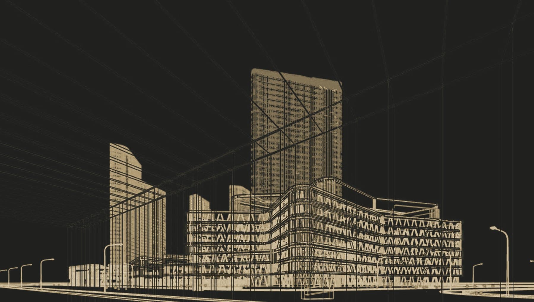 Lumen Arcadia in the 3ds Max viewport: wireframe geometry from the same camera as the final render.