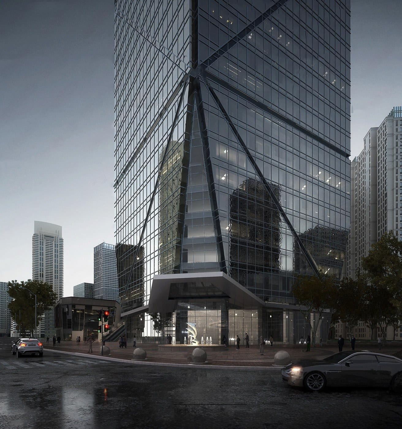 Obsidian Nexus: a glass tower wrapped in an angular steel exoskeleton above an open plaza.