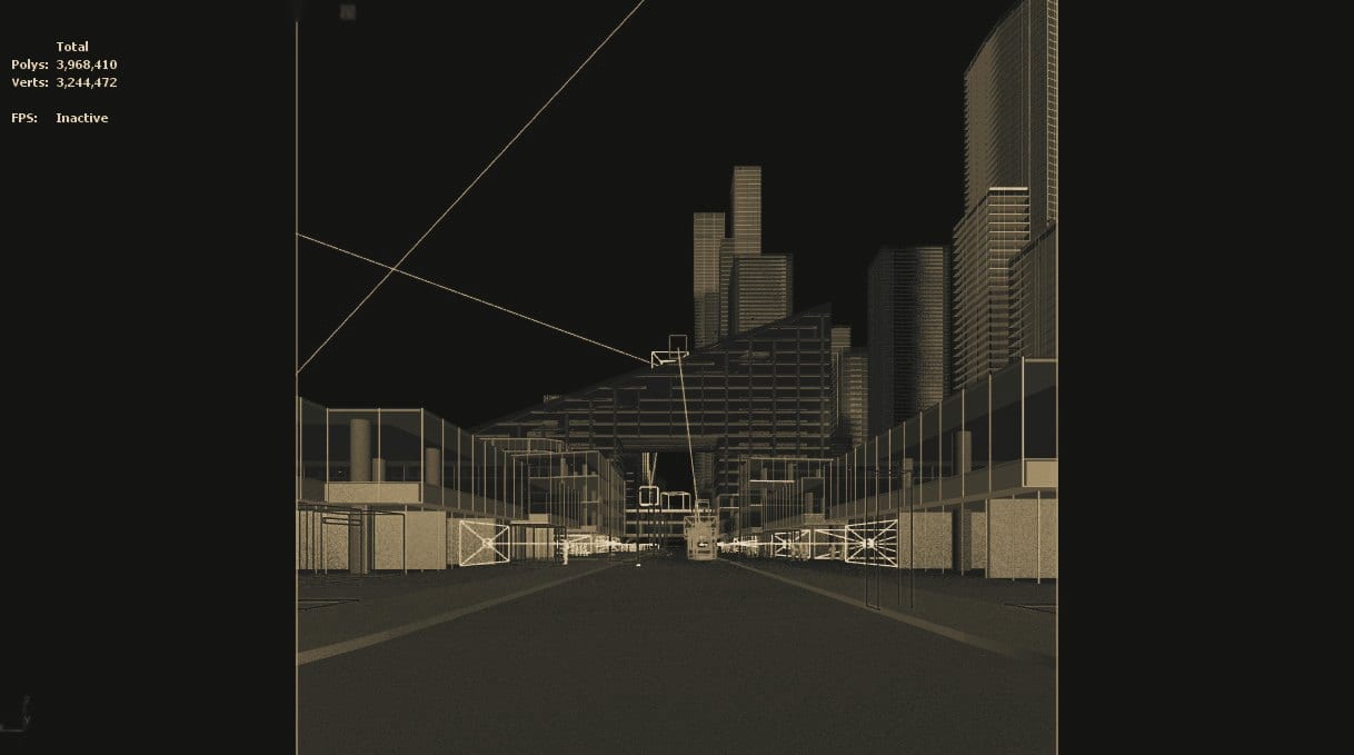 Solis Arbor set up in 3ds Max, showing street geometry and camera lines.