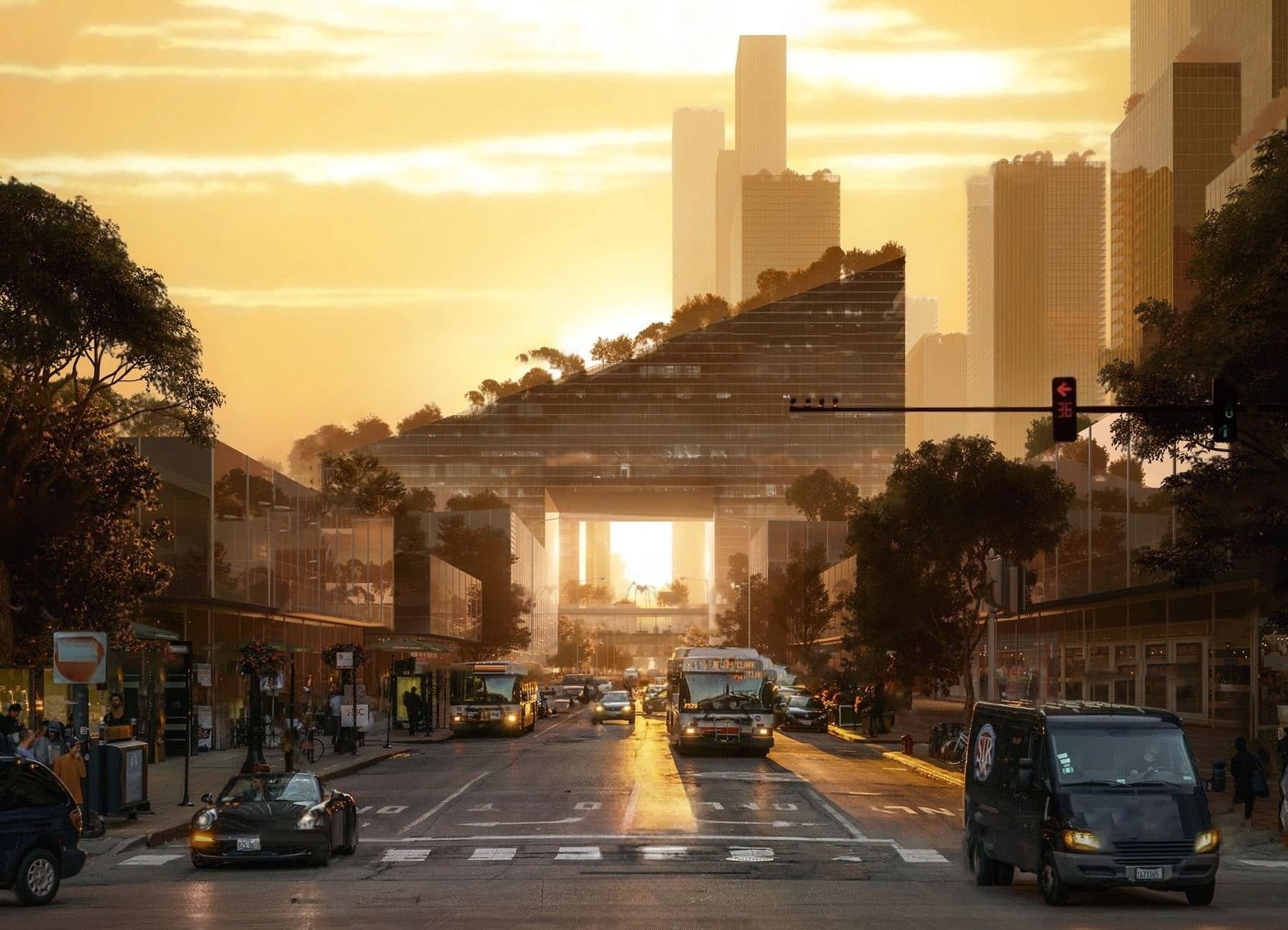 Solis Arbor: a stepped mixed-use development with rooftop gardens, viewed down a city street at sunset.