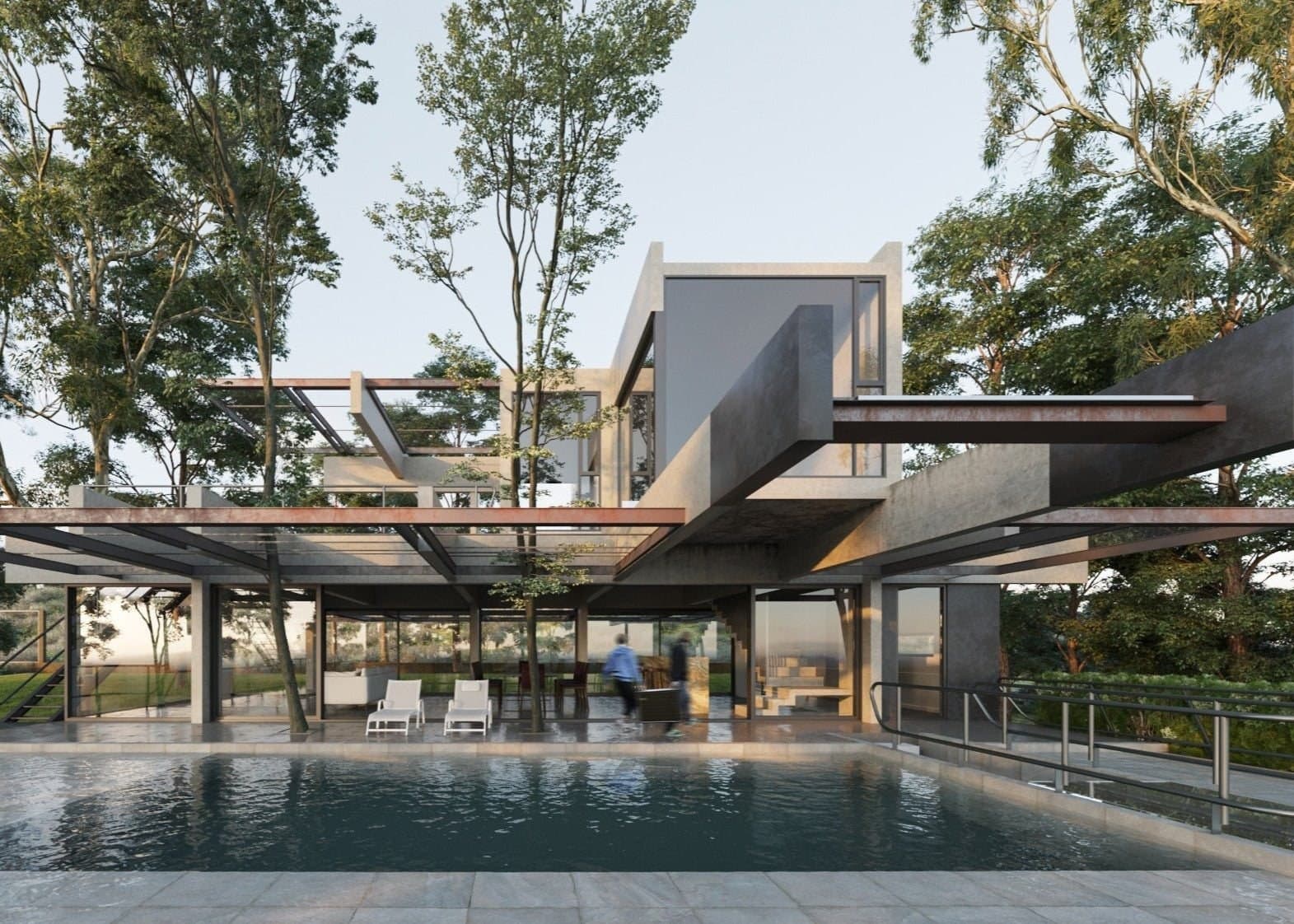 Sylvan Solace Pavilion: a steel-and-glass pavilion over a reflective pool in a forest clearing.