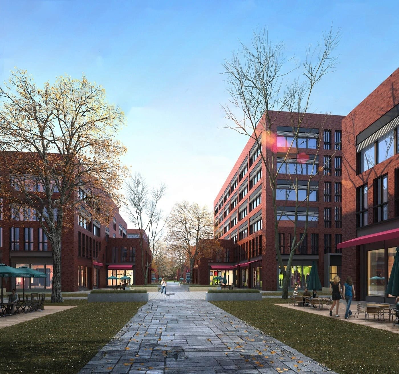 Terra Civitas: red-brick residential buildings around a paved walkway with mature trees.